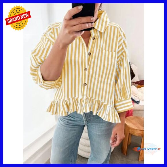 Cropped Striped Button Down Shirt Ruffle 3/4 Sleeve Blouse Summer Top - Picture 4 of 8
